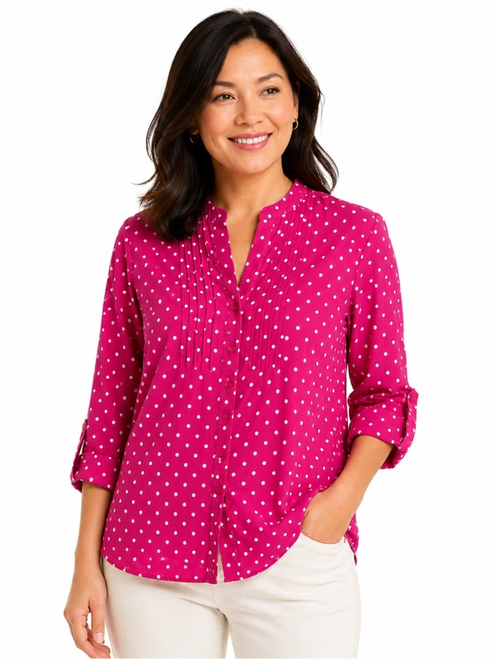 100% Linen Petite Polka Dot Tunic Blouse Pink White Coastal Resort Preppy M Pet